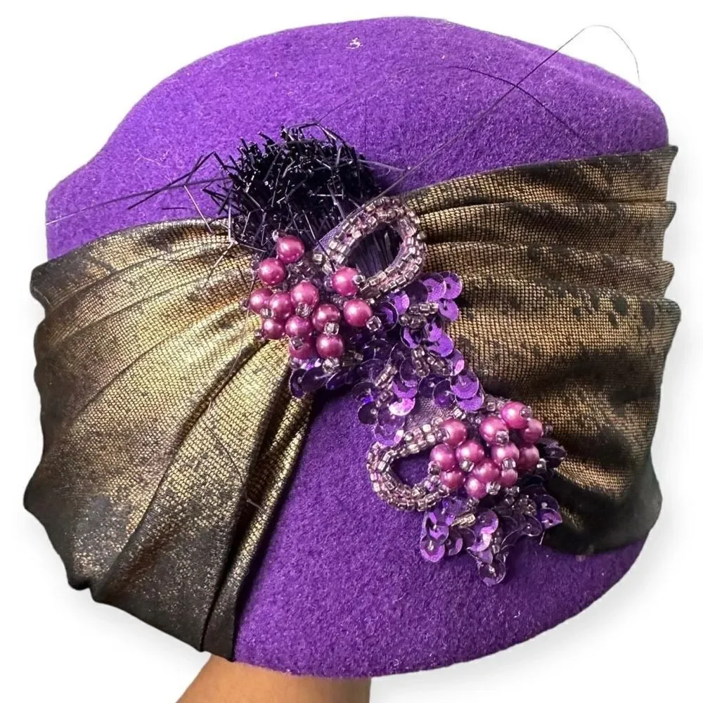 Vintage Purple Wool Pillbox Hat Rhinestones Satin Wrap 1960s Jackie O Aesthetic - Picture 9 of 10